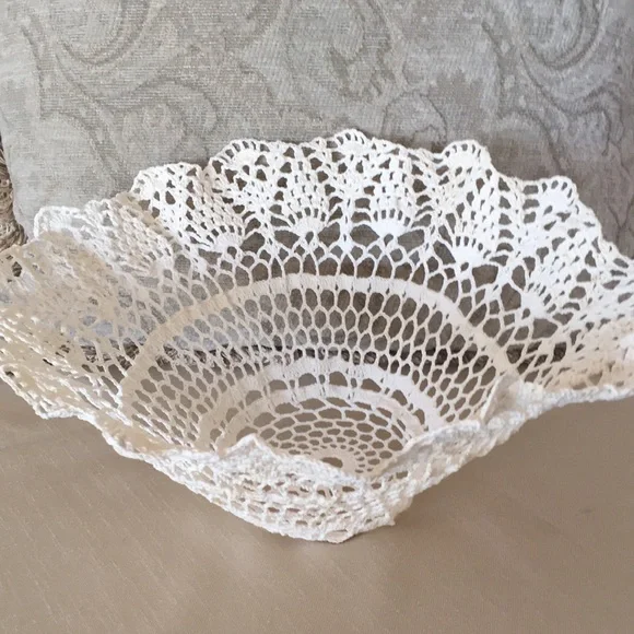 Vintage Wedding Basket Bowl Lampshade Handmade White Crochet Cotton